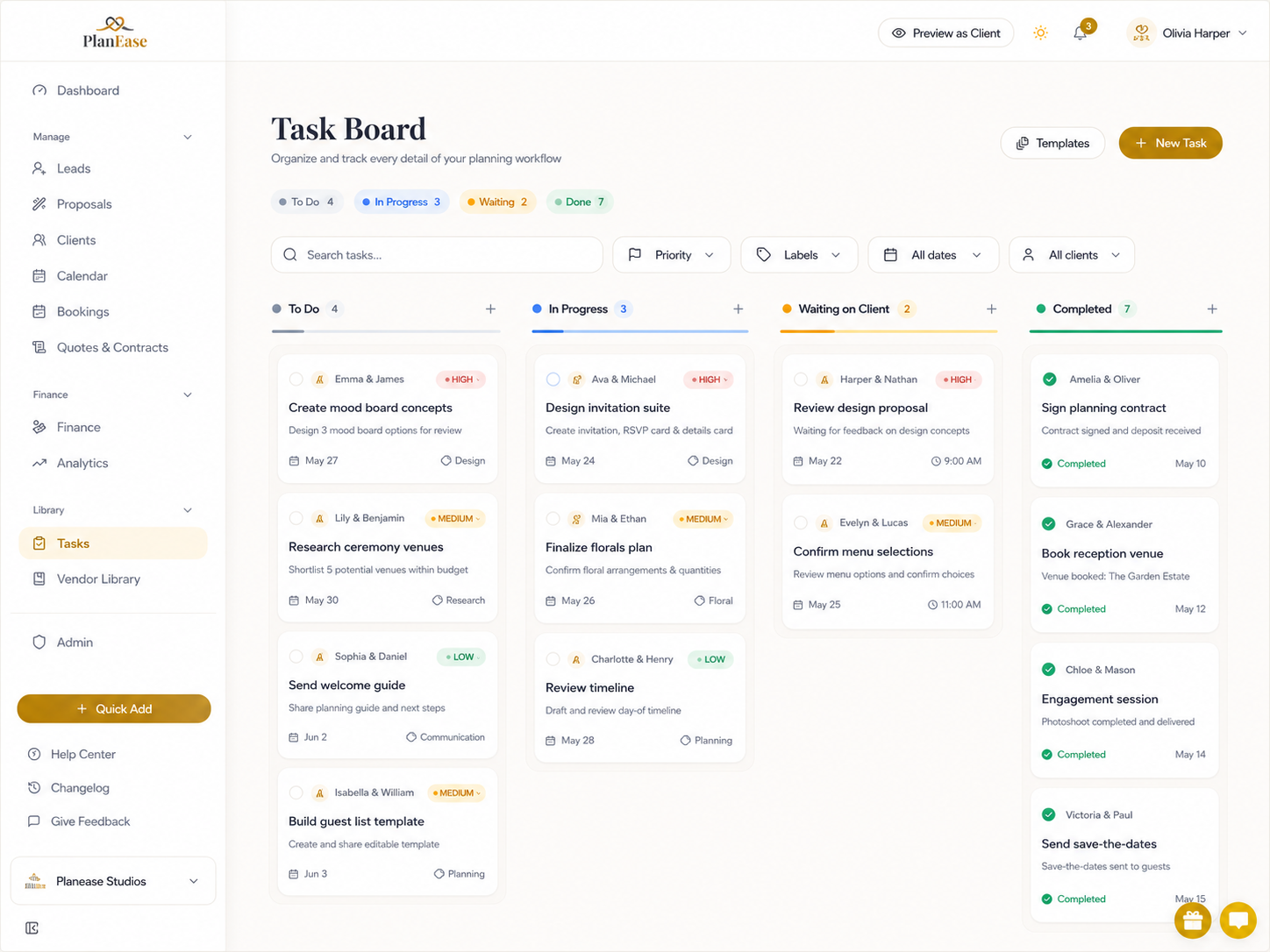 The PlanEase task board, arranged by status across clear columns