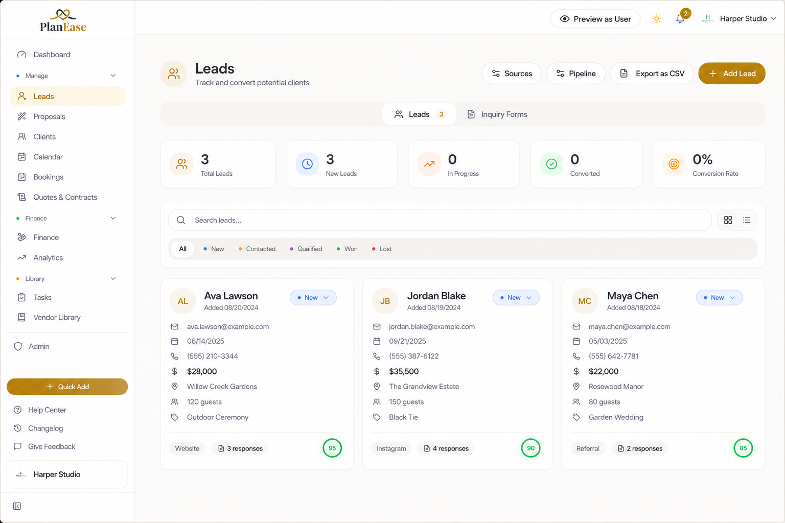 The PlanEase leads view, showing enquiries organised by status