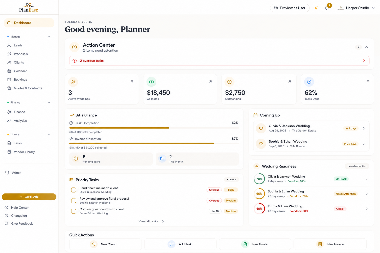 PlanEase dashboard, showing action items, upcoming weddings and priority tasks