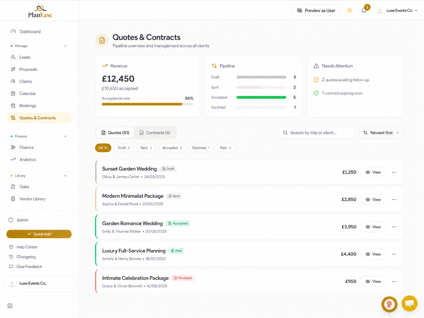 The PlanEase quotes and contracts view, with pipeline and revenue visible
