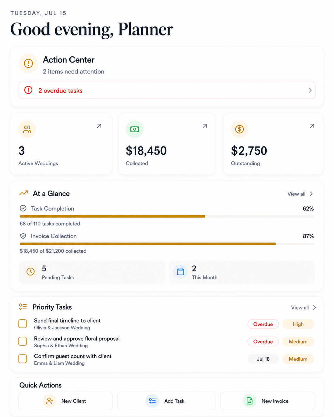 PlanEase mobile dashboard, showing action items, upcoming weddings and priority tasks