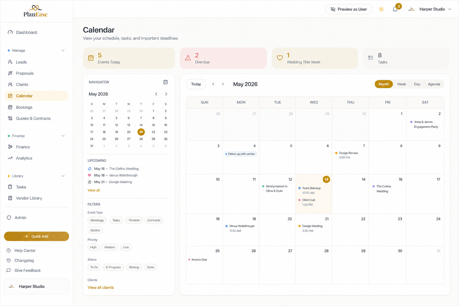 The PlanEase calendar view for a working month