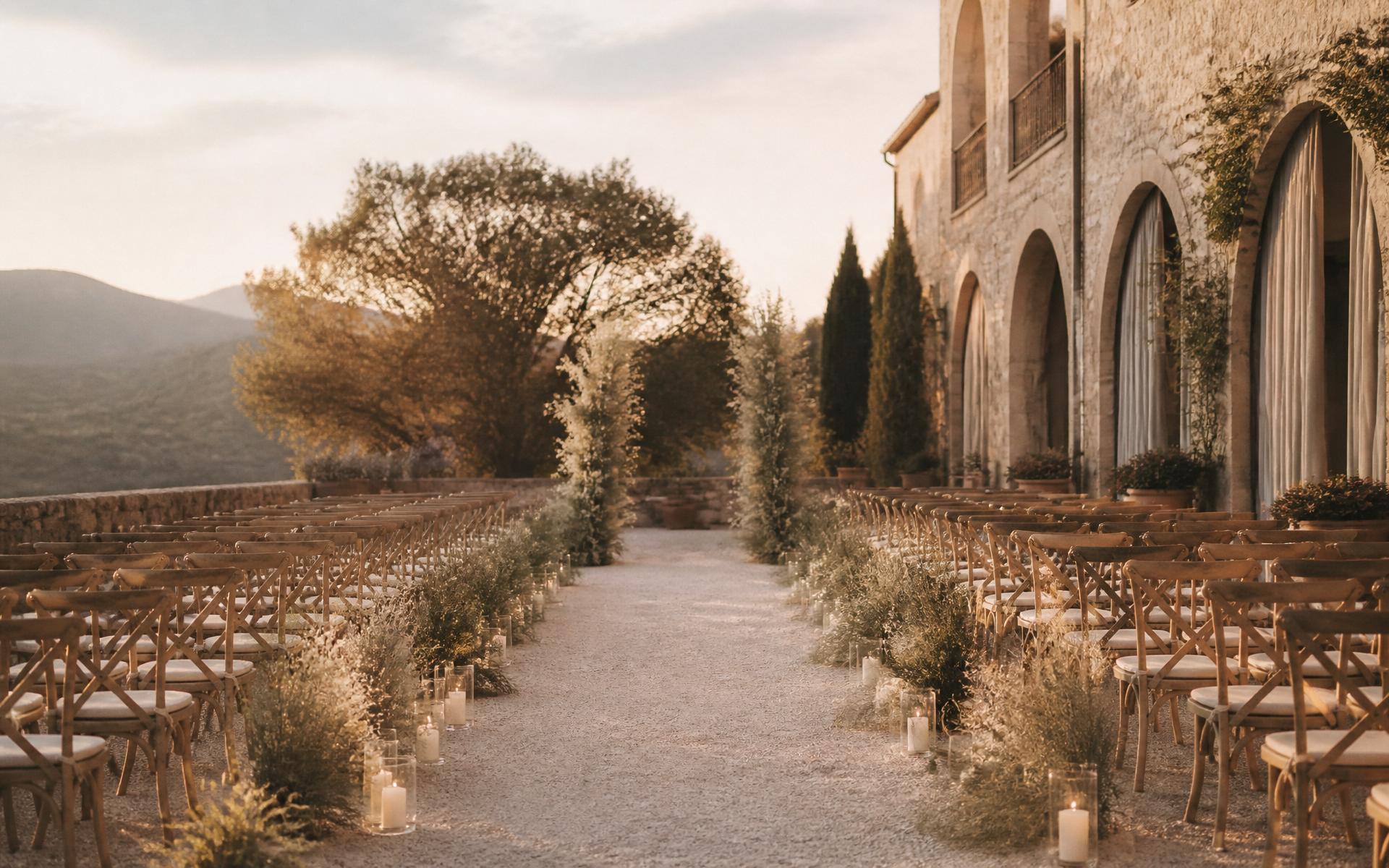 An outdoor ceremony space at golden hour
