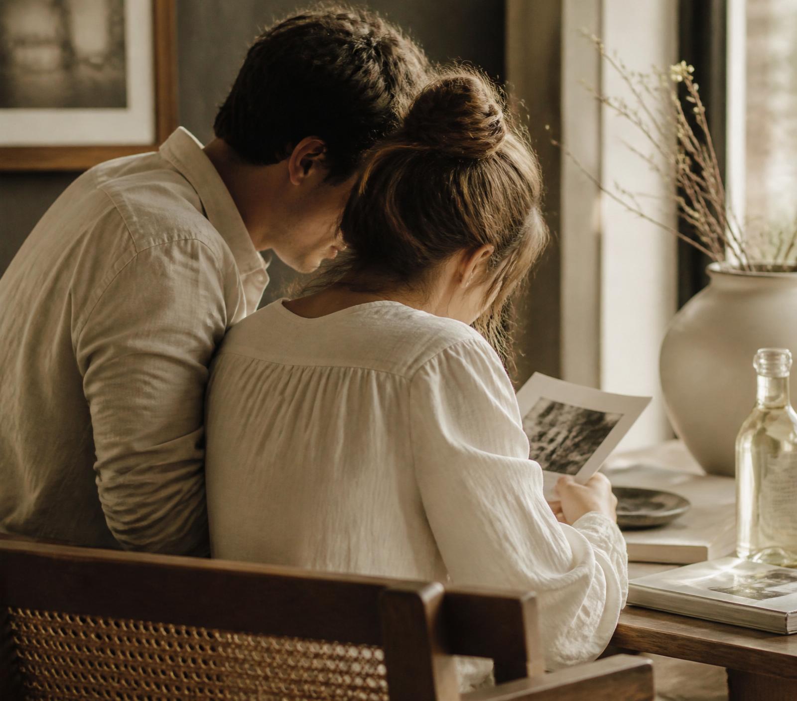 A couple looking at photographs together in soft daylight
