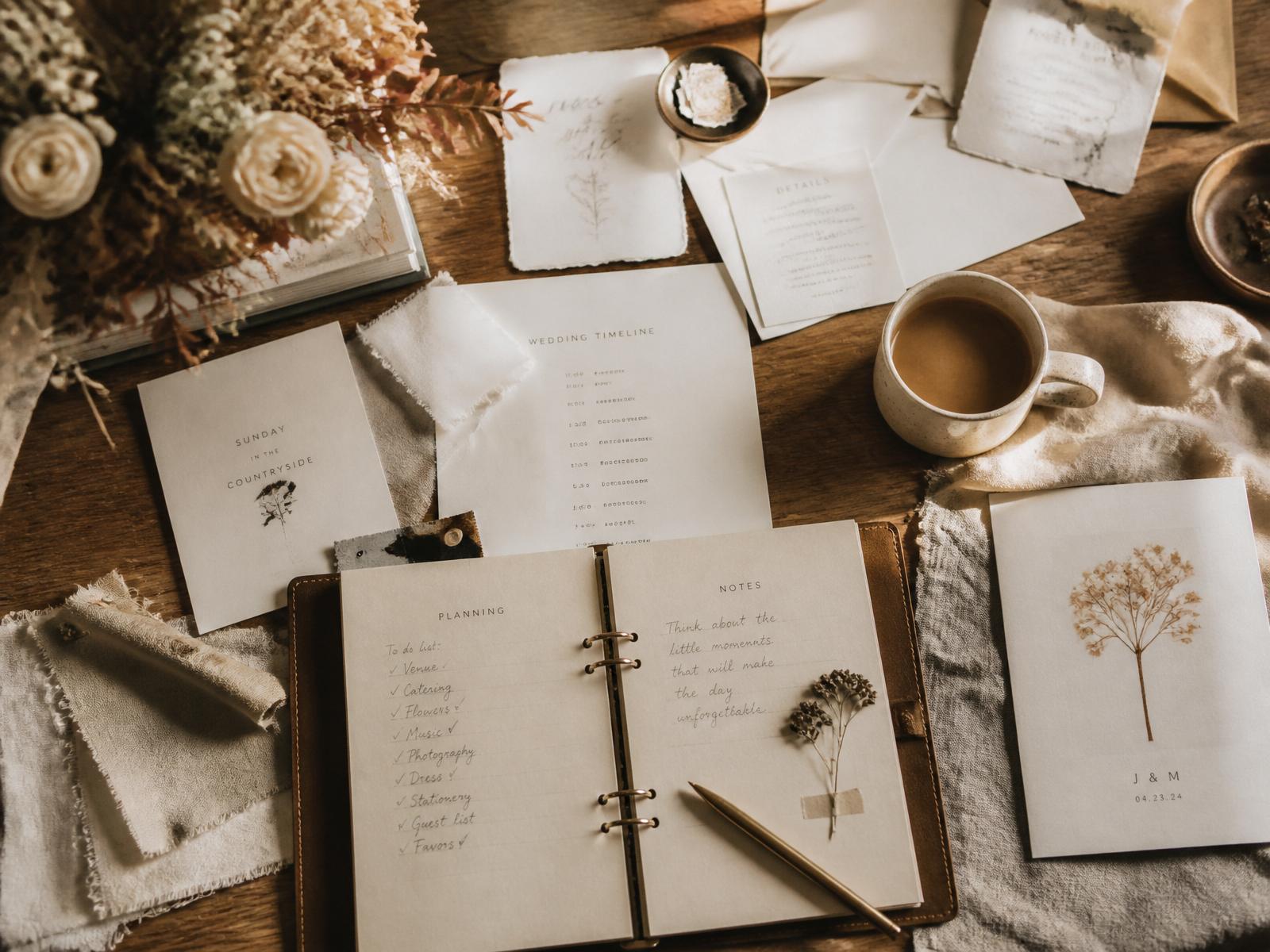 A planner's desk, arranged with paper stationery and dried florals